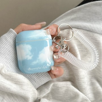 ❤小衆ins藍天白雲 附彈簧繩Airpods Pro/Pro2保護套 AirPods 1/2/3/4代無綫藍牙耳機保護殼