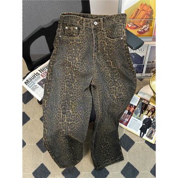 秋季新款潮牌ins豹紋褲子男美式復古高街長褲重磅寬松休閑牛仔褲