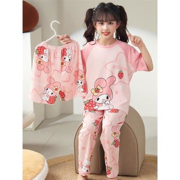 女童睡衣短袖長褲空調服可外穿純棉卡通女孩兒童中大童公主春夏季