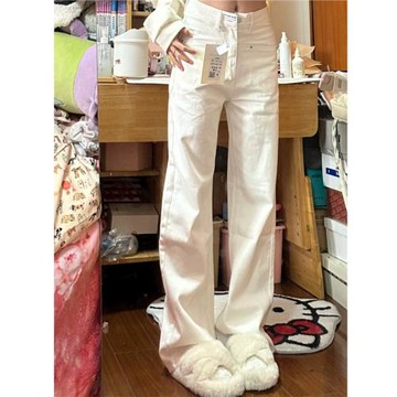 175高個子加長米白色牛仔褲女春夏高腰顯瘦直筒寬松窄版闊腿褲子