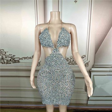 novance女式連衣裙閃亮鉆石水晶透視連衣裙女式大碼露背露背