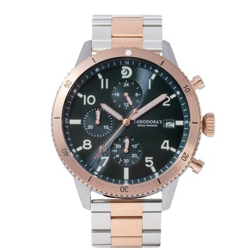 Discovery 探索自然 太陽能夜光潛水三眼腕錶 夜幕綠-鋼鍊帶雙色玫金銀