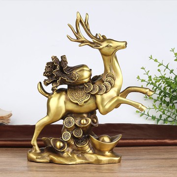 歐圣英銅鹿擺件帶福字銅錢元寶白菜招財家居客廳飾品梅花鹿工藝品