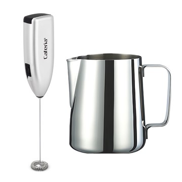 Caferia 電動奶泡器CEM1+拉花杯 S3 600毫升  銀色  1組