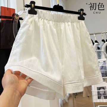 初色 亞麻純色百搭鏤空輕薄鬆緊高腰休閒褲熱褲寬褲短褲-共2色-12580(M-2XL可選/現貨+預購)
