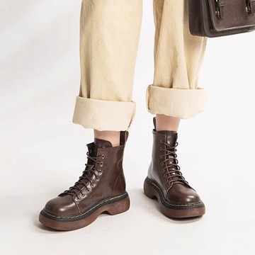 鹿與深林真皮加絨馬丁靴女秋冬單靴英倫風白色平底短靴百搭靴子潮