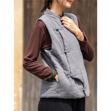 禪意寬松中式馬甲背心秋冬季原創坎肩女士太空棉斜襟盤扣復古馬夾