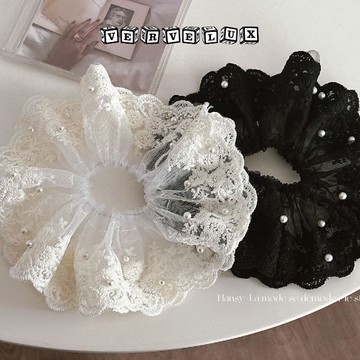 两件9.9折🔥臺灣出貨🔥可開發票✅復古法式珍珠蕾絲大腸髮圈米白色溫柔氣質扎發馬尾頭繩頭花髮繩