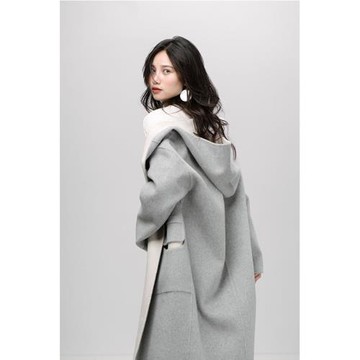 MUU 全羊毛雙面雙色羊絨手工大衣灰色連帽外套冬雙面可穿中長款