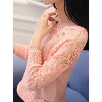 鏤空針織衫女長袖蕾絲釘珠圓領打底衫2025春秋新款女裝薄毛衣短款