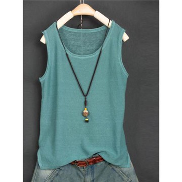2025夏季新品女裝 文藝大碼純色下擺分叉亞麻套頭小吊帶 背心女