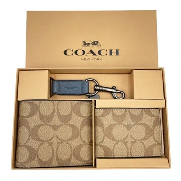 【COACH】C LOGO男款8卡短夾附鑰匙圈活動證件夾禮盒(焦糖/藍)