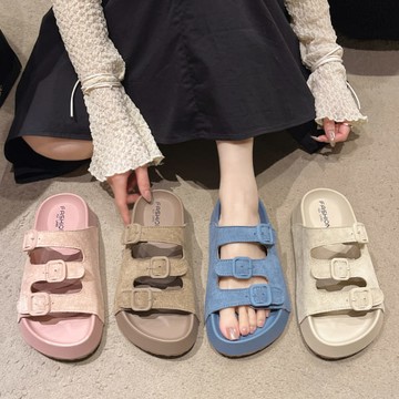 【現貨出清】甜美馬卡龍麂皮三帶方釦厚底拖鞋．白鳥麗子