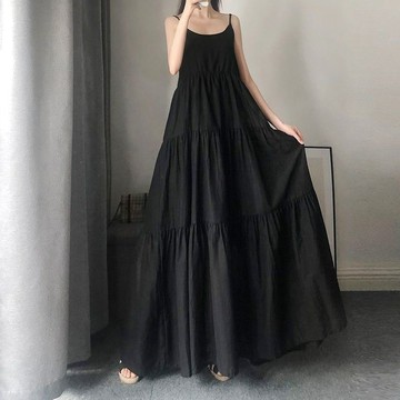 L-4XL 大尺碼 洋裝 連衣裙 大碼吊帶裙300斤長款女夏暗黑山本風內搭孕婦連衣裙超長腳踝