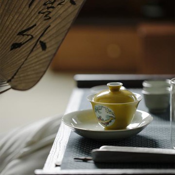 小號巖茶蓋碗仿古景德鎮拓黃開窗留白粉彩手繪松風陶瓷泡茶碗茶杯