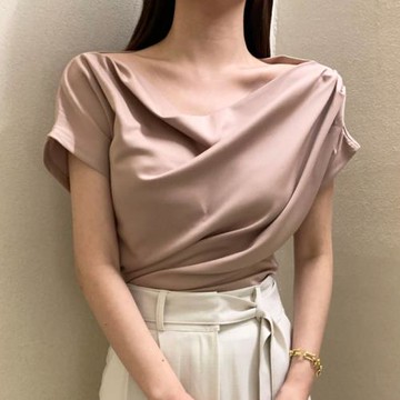 韓國chic夏季優雅氣質V領褶皺緞面光澤感設計寬松短袖純色襯衫女