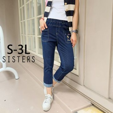 SISTERS彈力鬆緊腰笑臉口袋八分牛仔褲/S-3L(女下著/女褲/顯瘦/丹寧/褲子/休閒褲/八分褲)