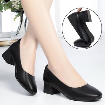 方頭黑色工作鞋久站不累粗跟淺口軟底皮鞋女中跟單鞋上班職業女鞋