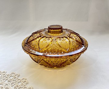 【好日戀物】印度尼西亞1970年代復古水晶雕花琥珀色玻璃糖果罐