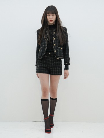 Metallic-Button Boucle Tweed Shorts