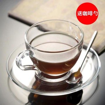 進口ocean透明玻璃咖啡杯套裝帶把水杯帶碟家用歐式簡約耐熱茶杯