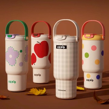 手提雙飲吸管杯 316L不銹鋼內膽900ML KC008 多彩波點