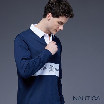 Nautica男裝 美式跳色文字刺繡長袖POLO衫-藍色