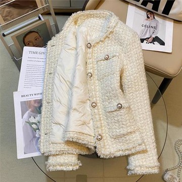 米白色小香風羽絨內里粗花呢短外套女2024冬季新款流蘇邊氣質上衣