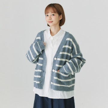 V領條紋羊毛開襟衫 灰F