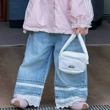 90-130 蕾絲拼接牛仔寬褲