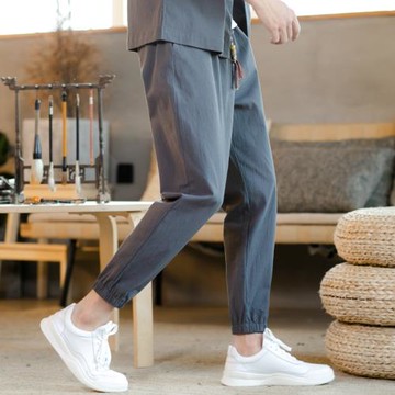 褲子男款夏季亞麻褲束腳哈倫褲大碼寬松九分褲中國風棉麻休閑褲薄