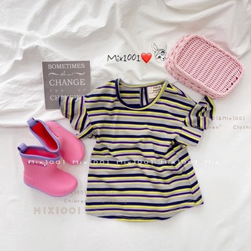 🌻🌈✨mix1001彩條荷葉袖上衣✨兒童橫條上衣 5-17
