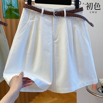 初色 棉麻風純色口袋通勤腰帶五分褲休閒褲寬褲短褲-共2色-12583(M-2XL可選)