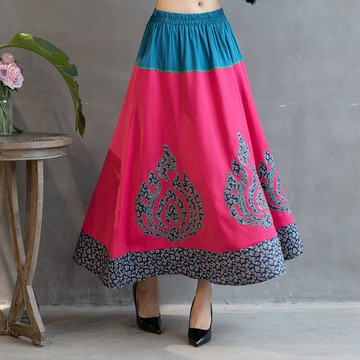 秋冬新款民族風女裝復古貼布繡花印花棉麻半身裙玫紅色大擺裙1入