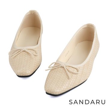 山打努SANDARU-娃娃鞋 小方頭蝶結編織平底鞋-米白