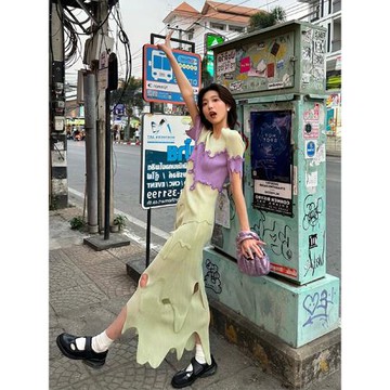 三宅茶系穿搭一整套小香風短袖T恤不規則小眾上衣兩件套裙裝女秋