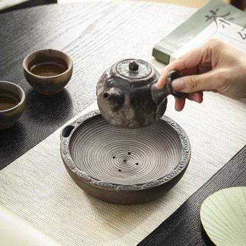 復古鎏金釉壺承家用陶瓷圓形干泡盤中式功夫茶具配件茶盤果盤