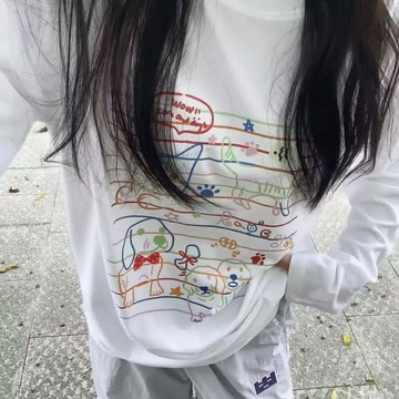 美式複古趣味手繪狗狗印花秋季新款寬鬆純棉重磅長袖T卹女打底衫