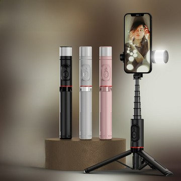 手機藍牙自拍杆旋轉補光燈隱藏一體式多功能帶內置三腳架直播支架