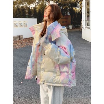 今年流行扎染短款羽絨棉服女冬2024新款炸街小個子棉衣爆款棉襖