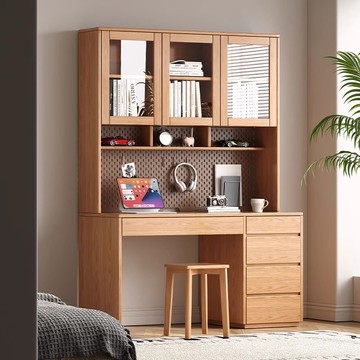 免運 附發票 超低價 工廠直銷 橡木全實木書桌書架一體桌帶抽屜書櫃學習簡約小戶型書桌書櫃組合 快速發貨