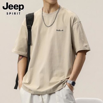 JEEP SPIRIT短袖t恤男士夏季美式寬松休閑上衣潮牌圓領復古體恤男