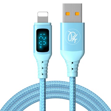 PICKOGEN VAW數顯 USB-A TO Lightning 充電線傳輸線快充編織線 維納斯 1.8M 藍色 支援iPhone5-14