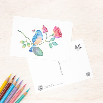 五張一組。如同繪本般。明信片「藍色小鳥與花草」PC-512