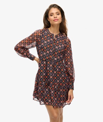 Superdry Women's Women's Long Sleeve Tiered Mini Dress Pink / Geo Floral Print - Size: 8 Size: 4