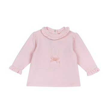 粉紅邦妮-繡小兔荷葉領長袖上衣