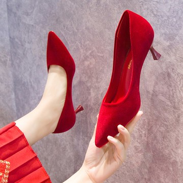 2022新款婚鞋女結婚紗新娘伴娘婚禮秀禾鞋尖頭細跟絨面紅色高跟鞋