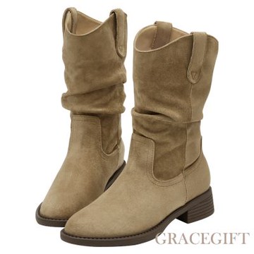 【Grace Gift】秋日復古皮革V口抓皺西部堆堆靴 淺駝