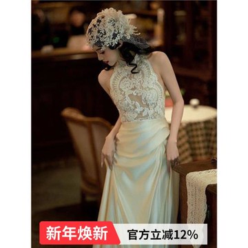 高貴復古 蕾絲掛脖新娘輕婚紗主紗訂婚禮服晨袍2025新款19870Q