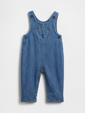 嬰兒裝 小熊刺繡牛仔吊帶褲-中度水洗